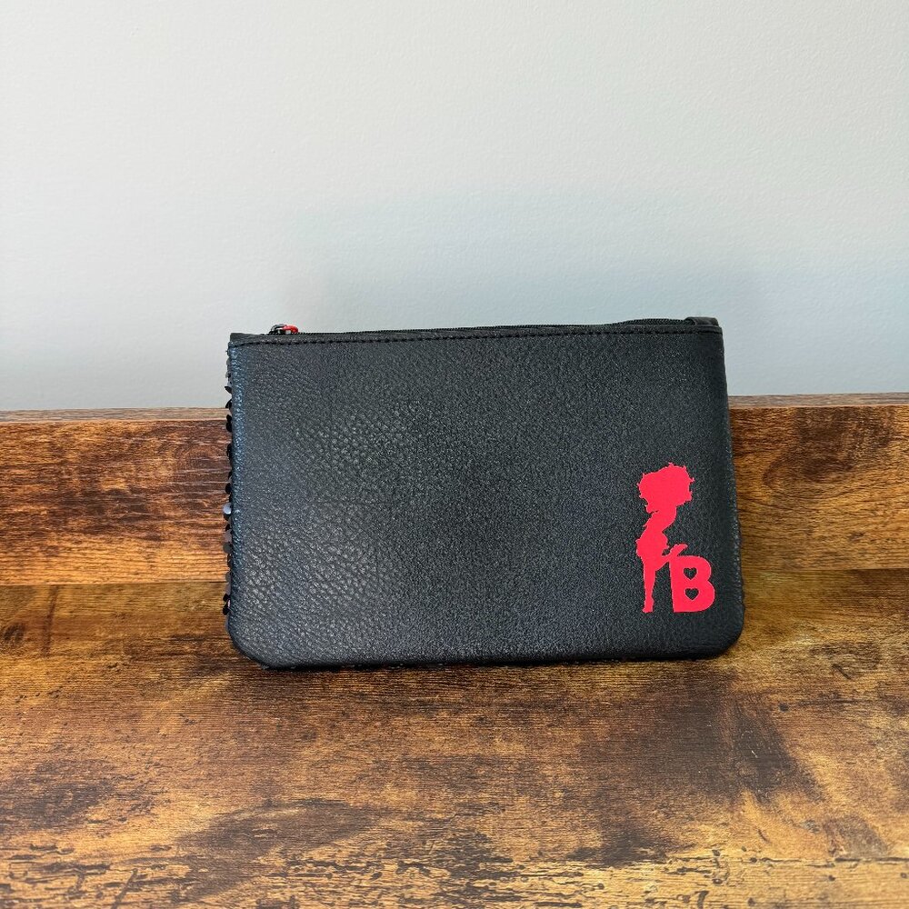 NWOT Betty Boop × Ipsy makeup bag‎ Vegan Black Leather and Sequins